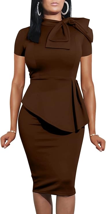 Women Fashion Peplum Bodycon Short Sleeve Bow Club Ruffle Pencil Party Dress