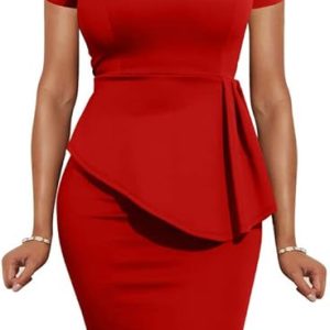 omen Fashion Peplum Bodycon Short Sleeve Bow Club Ruffle Pencil Party Dress