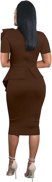 Women Fashion Peplum Bodycon Short Sleeve Bow Club Ruffle Pencil Party Dress - Image 2