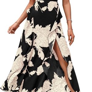 Women Casual Sleeveless Summer Dresses 2025 Spring Crewneck Patchwork Boho Floral Ruffle Cocktail Party Midi Dress