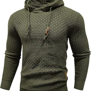 Mens Hooded Sweatshirt Long Sleeve Solid Knitted Hoodie Pullover Sweater