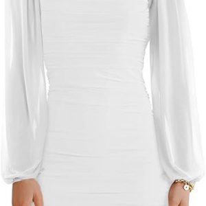 Women's Mesh Long Sleeve Square Neck Ruched Party Club Cocktail Bodycon Mini Dress