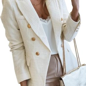 Happy Sailed Womens Tweed Blazers Casual Long Sleeve Double Breasted Open Front Blazer Jackets Work Suits