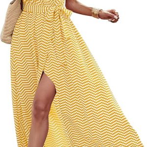 Women's Summer Wrap Maxi Dress Casual Short Sleeve Floral Boho V Neck Split Ruffle Beach Long Dresses